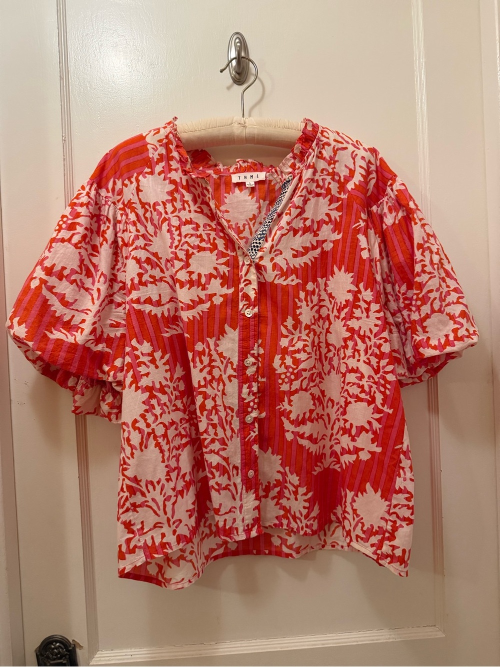 THML Orange and White Puff Sleeve Blouse